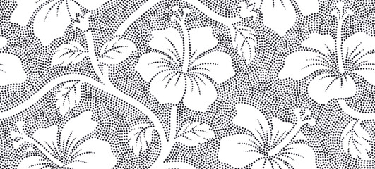 Obraz premium Tropical hibiscus flower and leaves seamless pattern with dotted style.