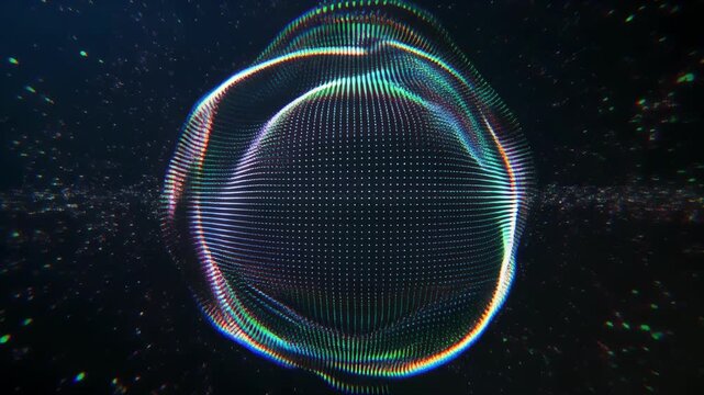 Abstract iridescent liquid sphere shape evolving with subtle light refractions against a dark textured background