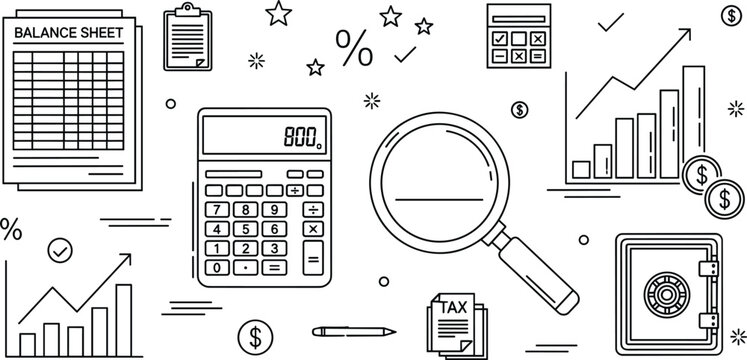 Accounting and financial audit line art doodles featuring calculator balance sheet magnifying glass tax documents and bar graphs