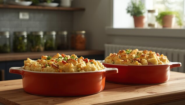 Homemade cottage pie in casserole dishes with mashed cauliflower topping.