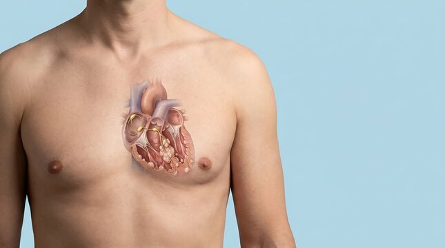 Human male chest with anatomical cutaway showing the heart and electrical conduction system