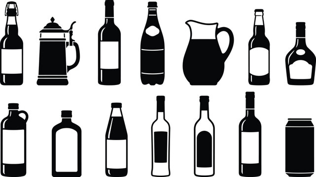 Black and white of wine bottles, decanter, and glass isolated on white background