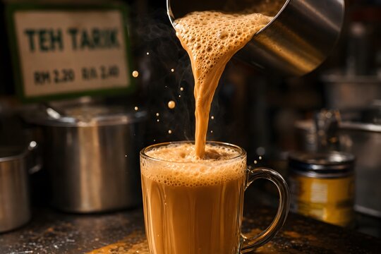 Traditional Teh Tarik with a creamy frothy top, freshly poured and served as Malaysia&rsquo;s iconic pulled milk tea.