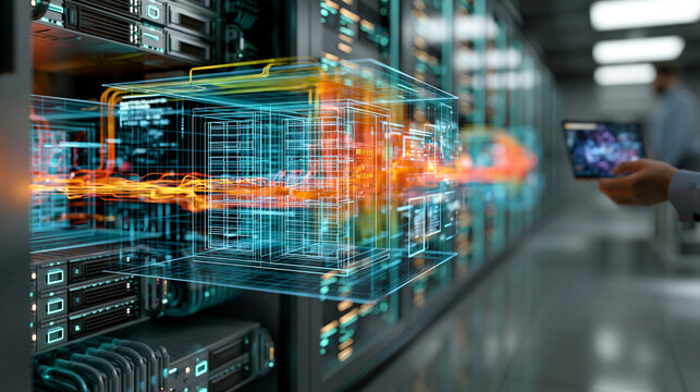 Digital twin visualization of a data center with floating rack diagrams and temperature zones, realistic server room beneath, infrastructure planning, data center management, cloud systems,