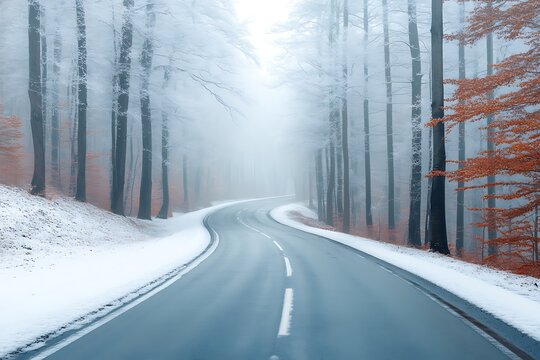 Serene winding road through a snowy winter forest with foggy atmosphere and vibrant autumn leaves on trees