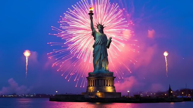Iconic statue of liberty with vibrant independence day fireworks display lighting the evening sky