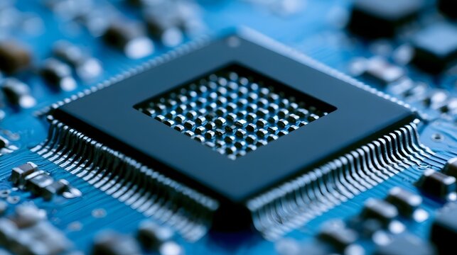 A close up view of a futuristic microchip emphasizing sleek lines intricate textures and modern electronic design