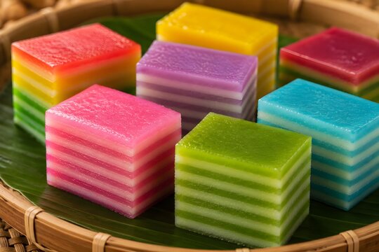 Traditional Nyonya Kuih Lapis, layered steamed dessert with vibrant pastel colors and soft texture in close-up detail.