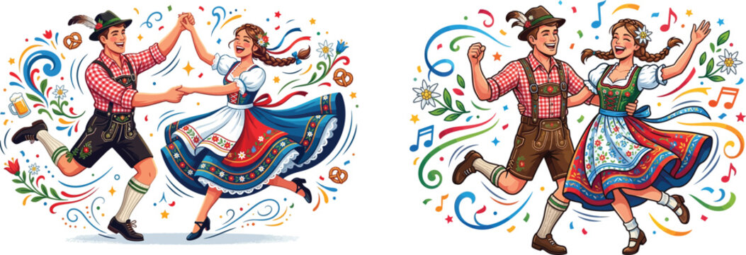 Traditional bavarian man and woman in authentic trachten clothing dancing happily at a festival celebration with bavarian