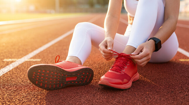 Runner tying pink shoelaces on a sunny outdoor track.