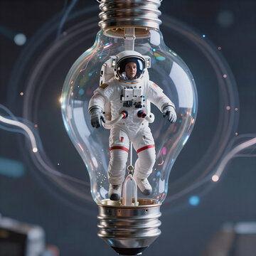 Synthwave Astronaut Rocketman. Conceptual Illustration Of An Astronaut Floating Inside A Light Bulb