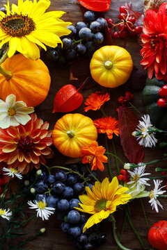 Autumn flat lay. Colorful pumpkins, autumn leaves, flowers still life. Happy Thanksgiving. Fall season greeting card, autumnal wallpaper and banner