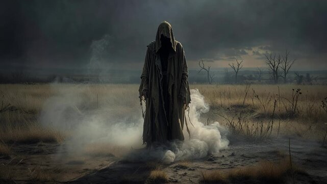 Mysterious hooded figure in dark cloak as ghostly specter stalks eerie barren field with spooky mist dramatic sky horror fantasy scene