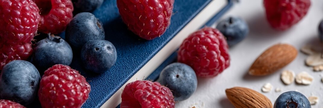 Fresh organic raspberries and blueberries arranged with raw almonds and oats on a blue notebook cover for a healthy breakfast concept in a bright kitchen environment