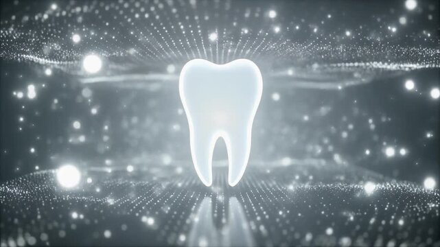 Glowing White Tooth Icon with Sparkling Particles and Motion Light Trails, Futuristic Dental Care Medical Technology Animation, Full HD Graphics