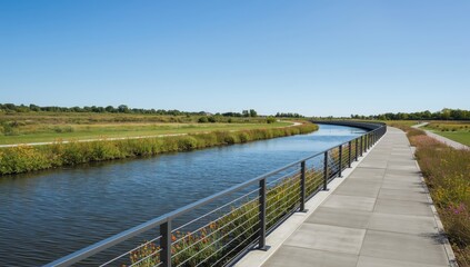 Naklejka premium Metal barrier dividing a pathway from a serene waterway beneath a blue sky