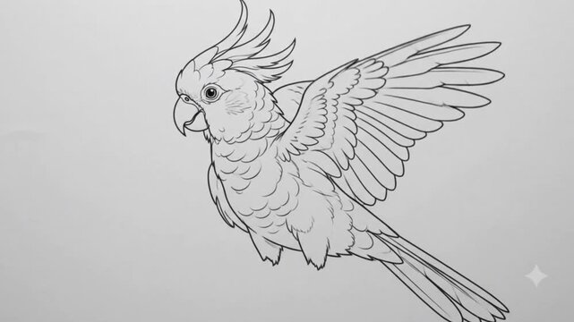 Cockatoo Looks Around And Perches On Branch In Line Art Illustration