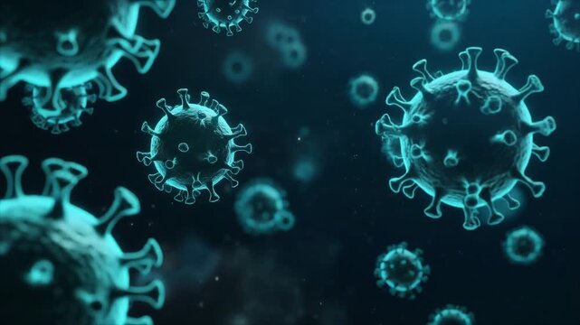 Ultra Detailed Microscopic Virus Particles Floating in Dark Organic Fluid Space, Realistic Medical Animation for Scientific Presentation