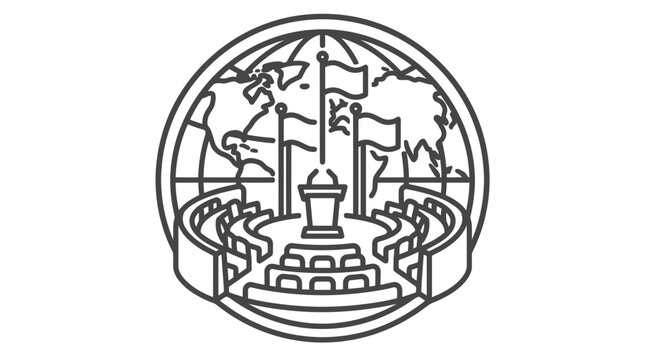Global parliament assembly with podium and globe icon.