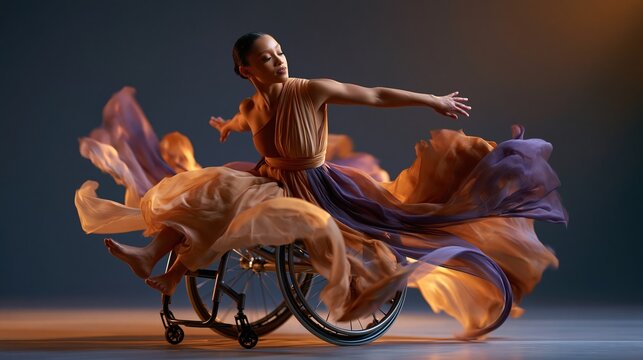 Disability Pride Month: a young Latina woman in a sleek manual wheelchair performing contemporary dance on a theatrical stage, dramatic split lighting in purple and gold tones