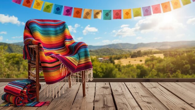 Striped traditional serape poncho from Mexico, suitable for Cinco de Mayo, with a festive background and blank area for text.