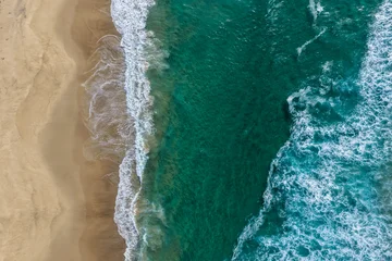 Fototapeten Sommer Aerial scene capturing Seven Mile Beach near Forster, NSW, Australia, from directly above. The downward perspective highlights vibrant turquoise water and whitewash waves meeting the sandy shoreline.  © SCLifestyle