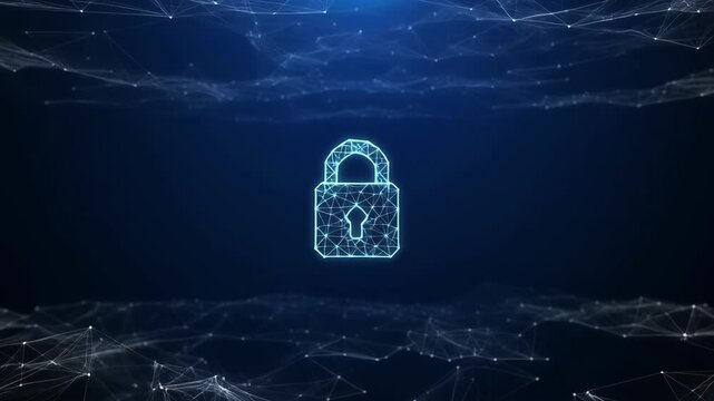 Digital padlock emblem floating within abstract data stream during dark blue digital cyberspace illumination