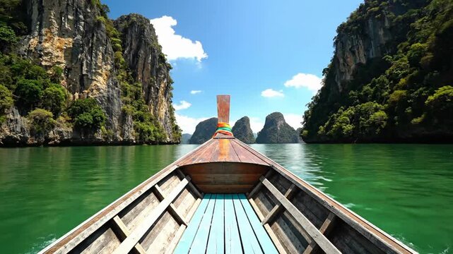 Long-tail boat sailing through phang nga bay thailand