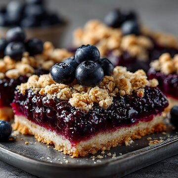 Fresh blueberry crumble bars with buttery oat crust and sweet fruit filling served on a dark rustic plate for a delicious homemade dessert treat in a cozy kitchen setting