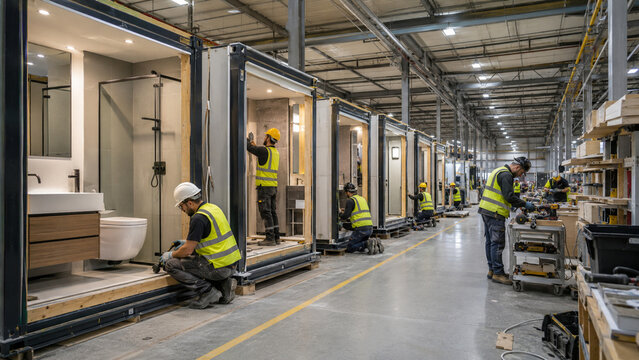Prefab Bathroom Pod Assembly Factory Team Workers Hardhats Floor Installation