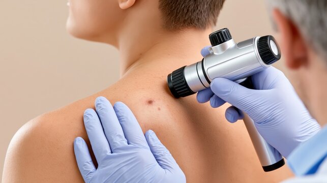 Dermatologist examines a mole on a patient's back using a dermatoscope