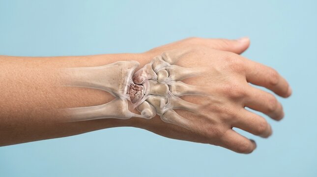3D medical illustration of human wrist anatomy showing skeletal structure and carpal bone fracture