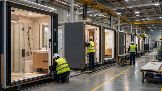 Prefab Modular Bathroom Pods Factory Assembly Line Workers Hardhats Long Shot