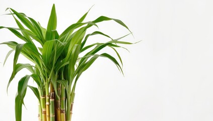 Obraz premium New sugar cane with foliage on a white backdrop.