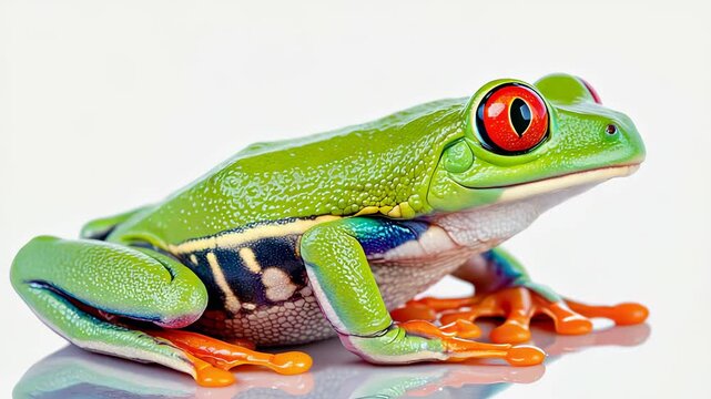 Vibrant Red-Eyed Tree Frog Resting on Reflective Surface - Close Up Wildlife Portrait of a Colorful Amphibian