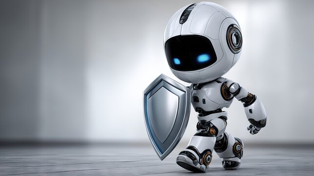 3d illustration of a small robot walking with a blue and silver shield against a white background