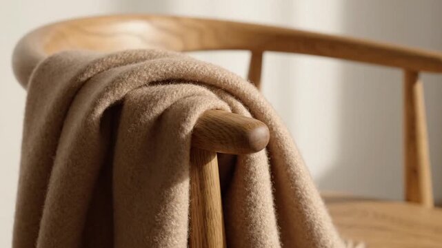 Cozy beige knit throw blanket draped over a curved wooden chair, warm home decor and comfort