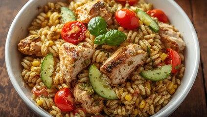 Fototapeta premium Nutritious orzo salad featuring chicken, corn, tomatoes, and pesto.