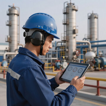 Technical Drawing Gas Female. Refinery Worker Monitoring Oil And Gas Production On Tablet Computer
