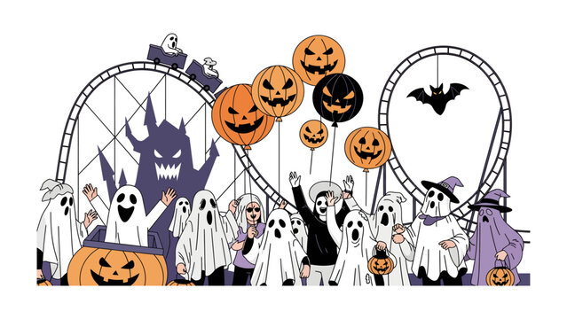 Halloween Amusement Park Fun: A whimsical illustration depicting a lively Halloween amusement park, filled with costumed characters, spooky roller coasters, and cheerful jack-o'-lanterns.