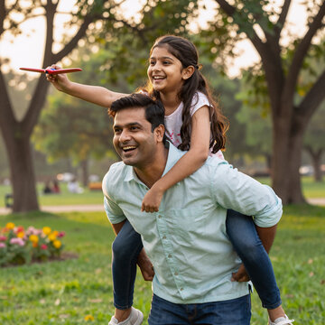 Geometric Indian Child. Happy Family Vacation: Indian Father-Daughter Playing Together In A Park, Either Airplane Game Or Piggyback, Surrounded By Nature And Summer Sunshine