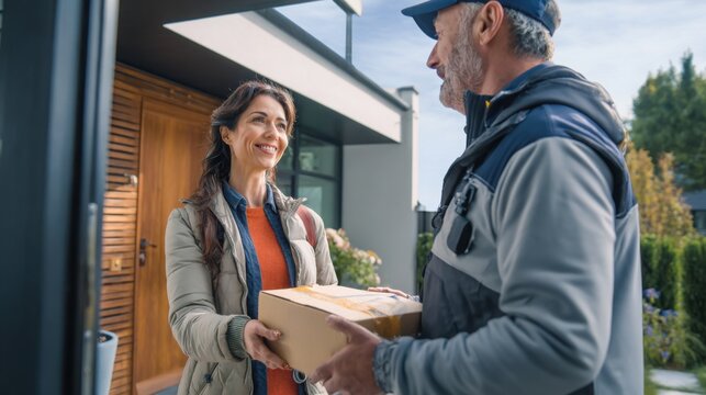 courier delivering package to modern home entrance, smiling customer receiving parcel, contemporary residential architecture, ecommerce lifestyle