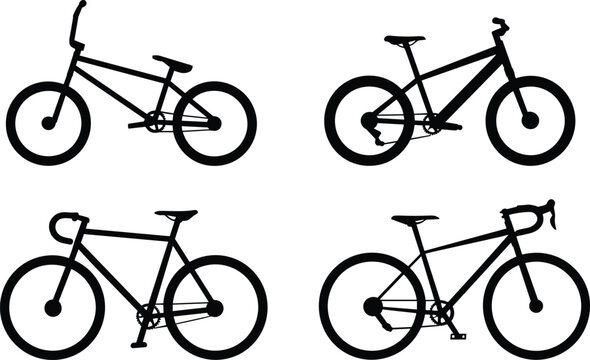 Set of vector bicycle silhouettes including BMX, mountain, fixed gear, and road bike icons isolated on white background