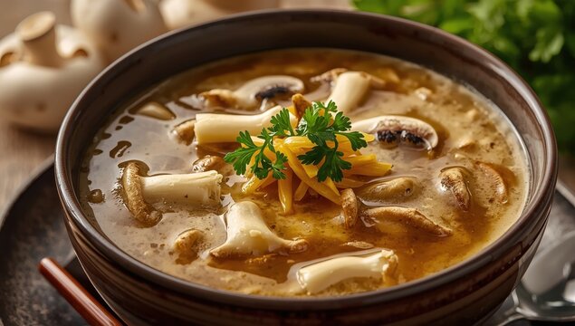 Parsley-enriched enoki mushroom soup