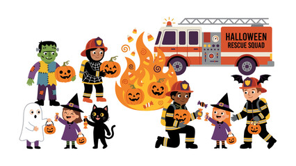 Halloween Rescue Squad: A whimsical illustration depicting a fire truck labeled Halloween Rescue Squad with friendly characters, including Frankenstein's monster, a ghost, a black cat, firefighters. © Mahbuba