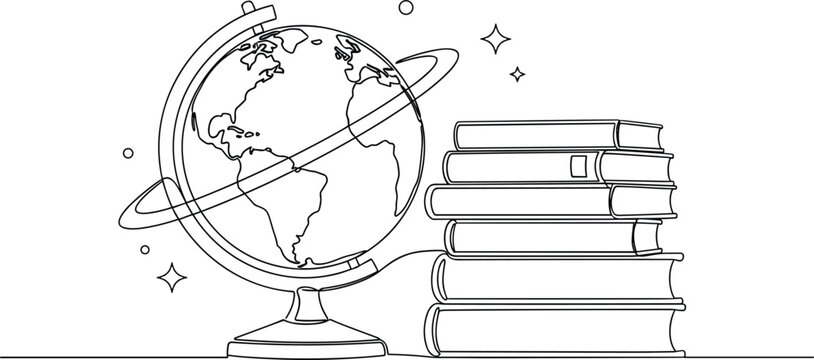 Global education geography study and school line art doodle featuring planet earth globe sphere and stack of books