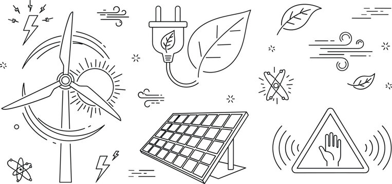 Renewable energy and green ecology line art doodles featuring wind turbine solar panel electric plug and sustainability icons