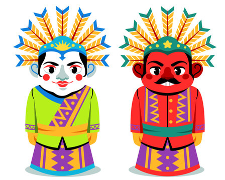 Ondel-Ondel Betawi Jakarta Traditional Puppet Male and Female Vector Illustration