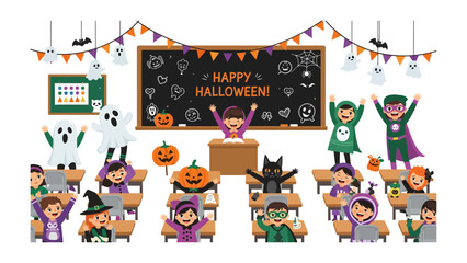 Naklejka premium Halloween Classroom Celebration: Children dressed in various Halloween costumes joyfully celebrate the holiday in a decorated classroom, complete with spooky motifs and festive banners.