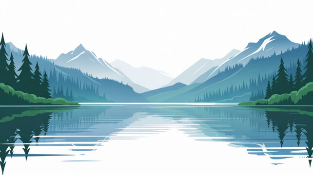 Serene mountain lake landscape with pine trees and reflection minimalist vector illustration for travel and nature themes peaceful outdoor scene